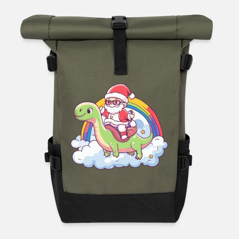 Dinosaur brontosaurus Santa Claus Rainbow - Roll Top Backpack - olive/black