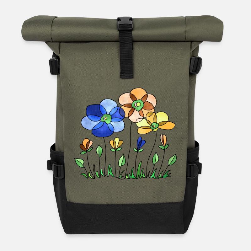 Blumen - Rolltop Rucksack - Olive/Schwarz