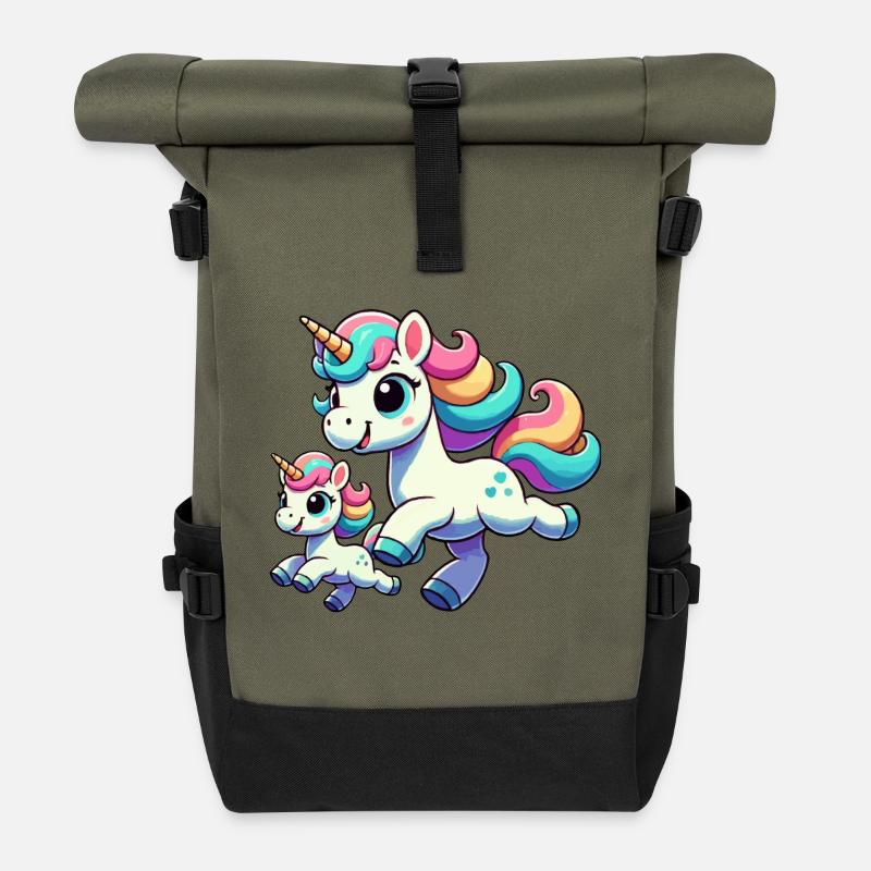 Einhorn-Mutter mit Kind - Rolltop Rucksack - Olive/Schwarz