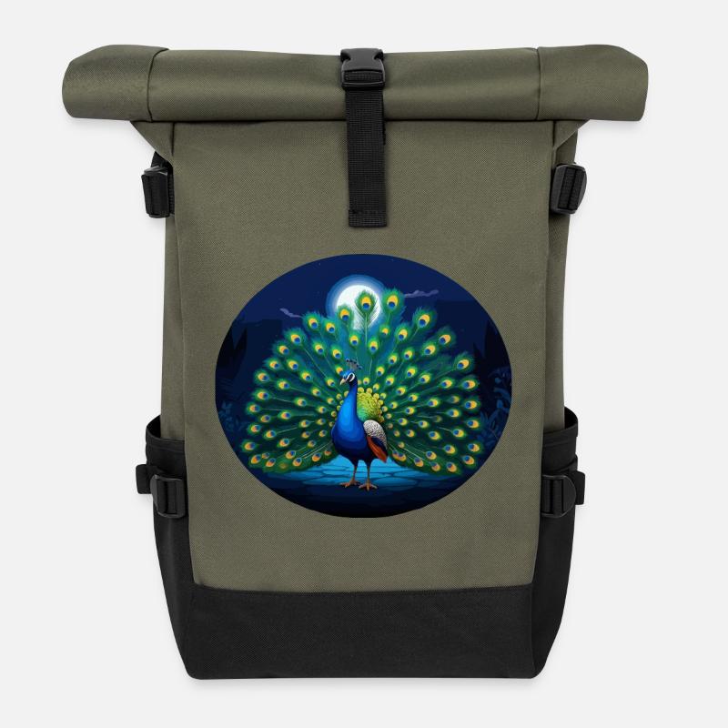 Pfau bei Vollmond - Rolltop Rucksack - Olive/Schwarz
