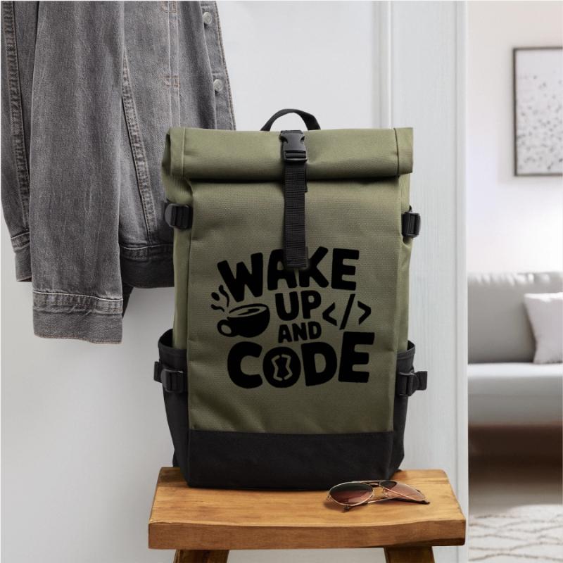 Wake Up and Code Roll Top Backpack