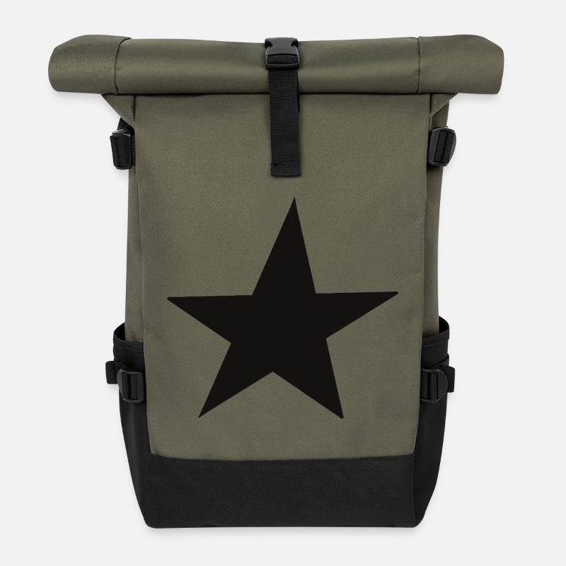 Minimalist Black Star - Hand Drawn - Roll Top Backpack - olive/black