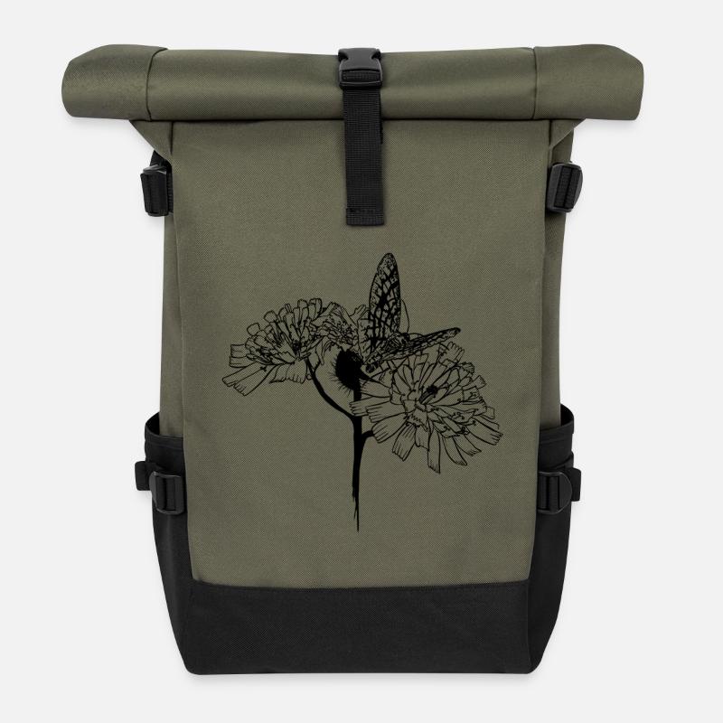 Butterfly on flowers - Roll Top Backpack - olive/black