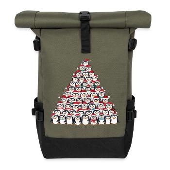Whimsical Christmas Penguin with Christmas Tree Cartoon - Roll Top Backpack - olive/black - Front