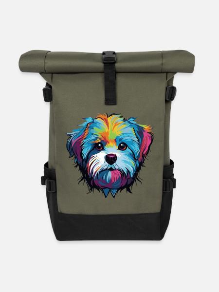 Hund Comic Hundekopf - Rolltop Rucksack - Olive/Schwarz
