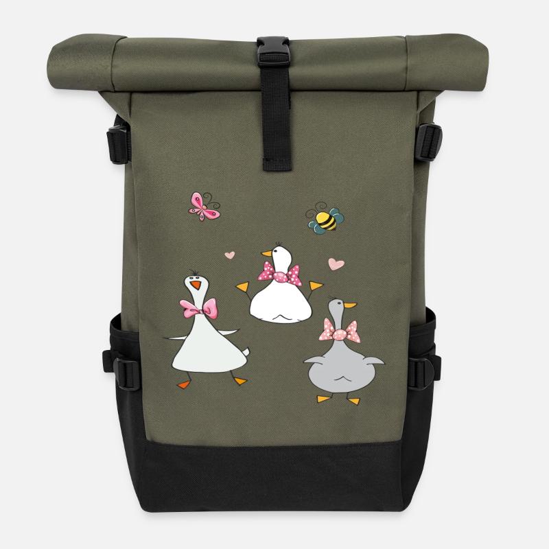 lustige Gänse mit Schmetterling und Biene  - Rolltop Rucksack - Olive/Schwarz