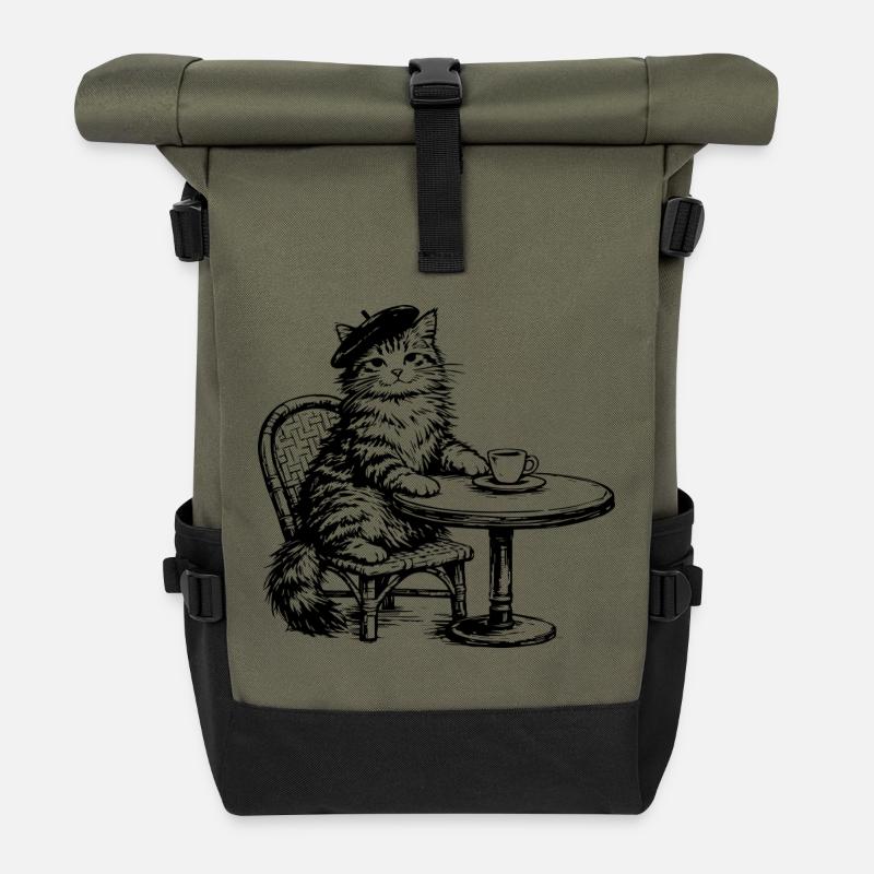 Katze mit Baskenmütze im Café Retro Design - Rolltop Rucksack - Olive/Schwarz