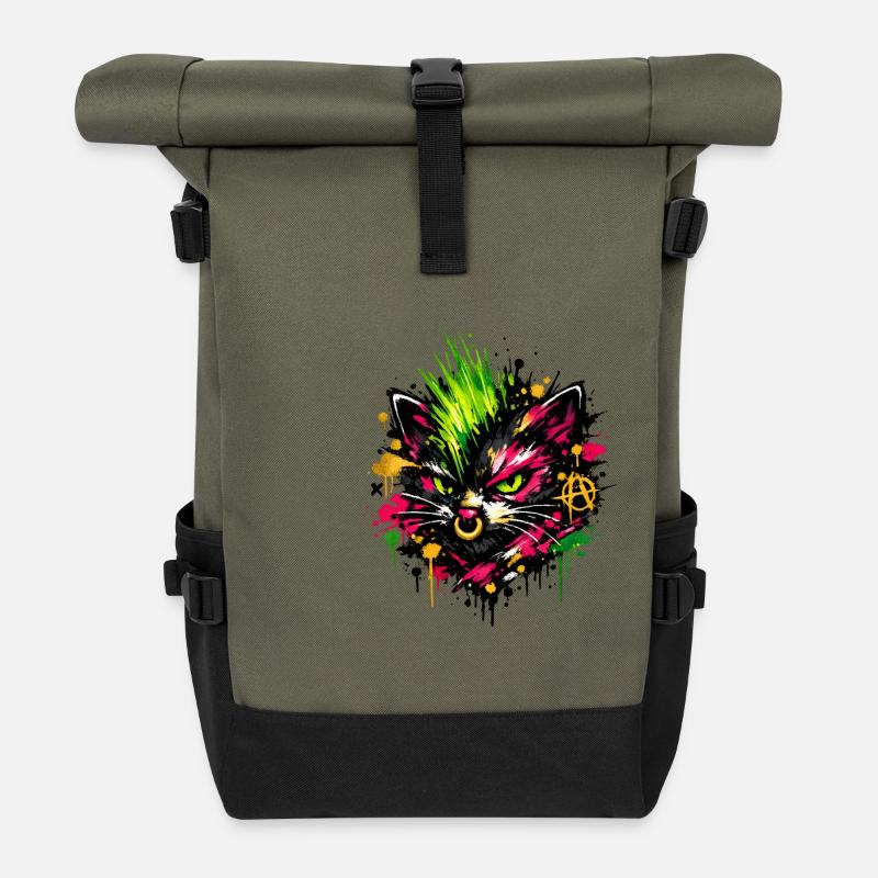 Éclaboussures de graffitis de chat néon - Sac à dos roll top - olive/noir