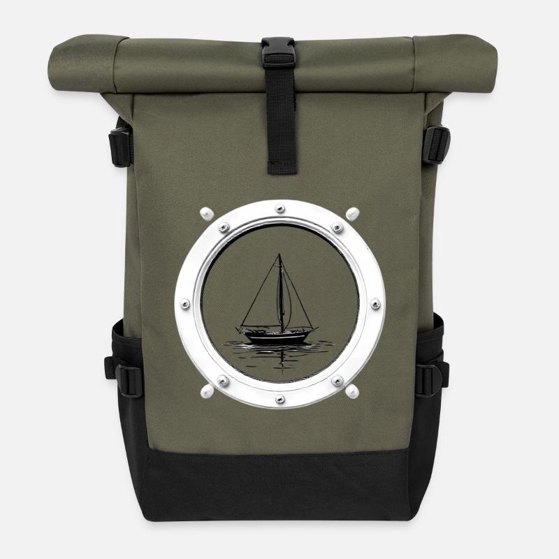 Porthole Sailboat Black & White - Roll Top Backpack - olive/black