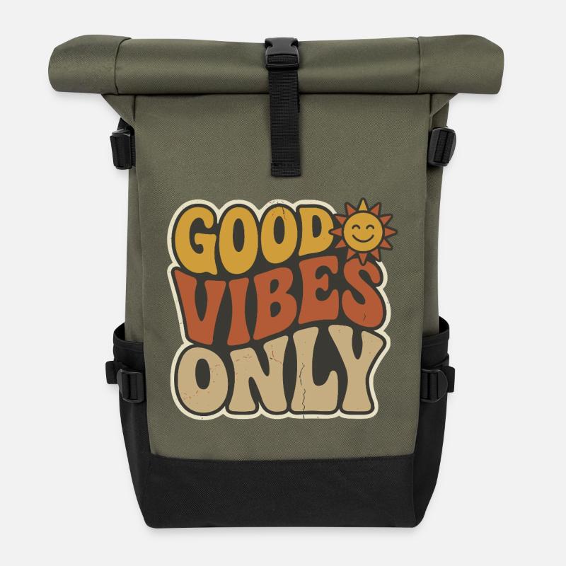  Retro 70s Smiling Sun | Vintage Aesthetic Typogra - Roll Top Backpack - olive/black