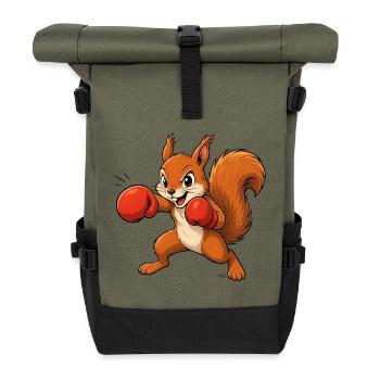 Boxendes Eichhörnchen Cartoon Spaß Motiv  - Rolltop Rucksack - Olive/Schwarz - Vorne