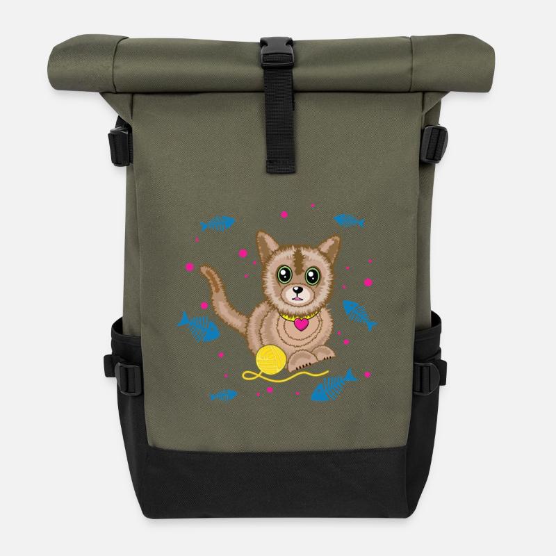 Kawaii Kitten and Yarn Ball - Roll Top Backpack - olive/black