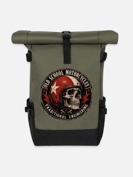 Old School Motorrad Skull Emblem - Rolltop Rucksack - Olive/Schwarz