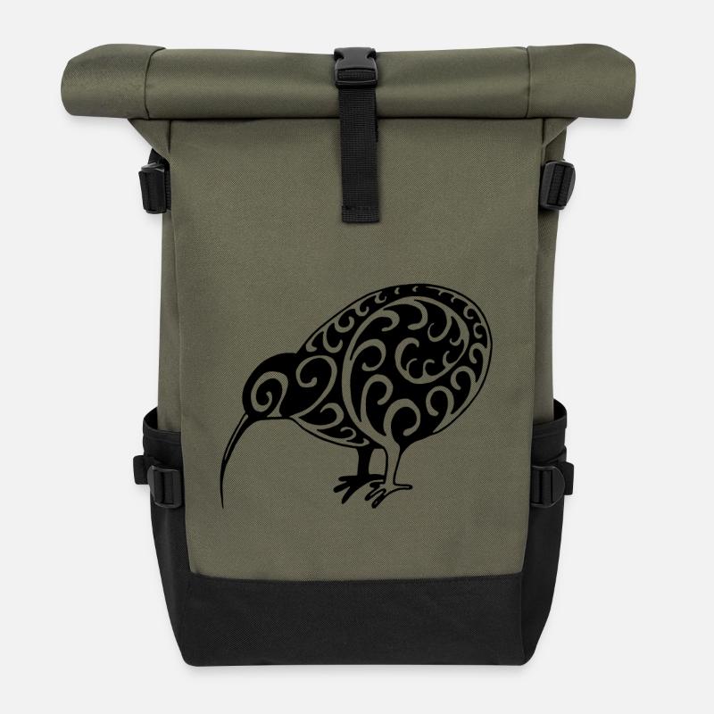 Neuseeland: Kiwi in schwarz - Rolltop Rucksack - Olive/Schwarz