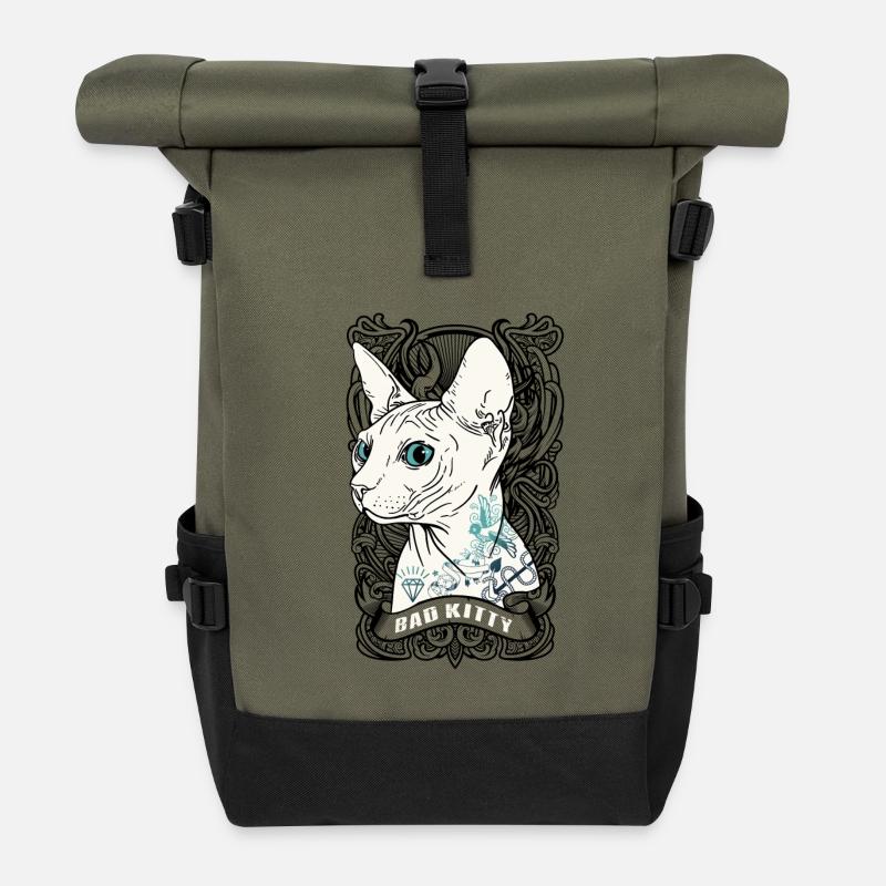 Geschenk Katze Mieze Haustier Geschenkidee - Rolltop Rucksack - Olive/Schwarz