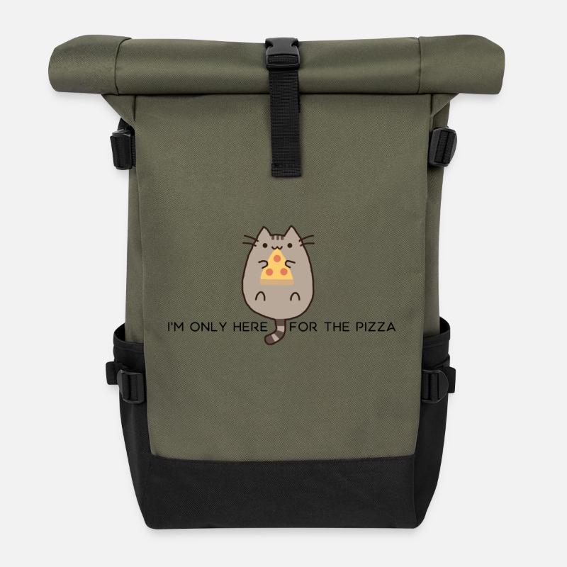 Chat mange pizza cadeau drôle mignon - Sac à dos roll top - olive/noir