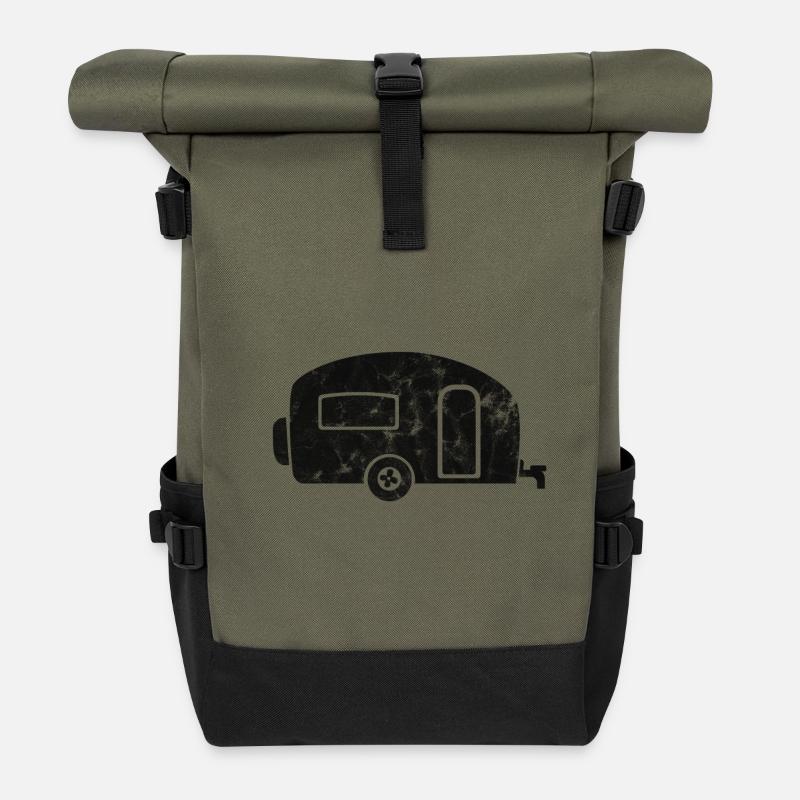 Wohnwagen schwarz distressed Camping Geschenk - Rolltop Rucksack - Olive/Schwarz