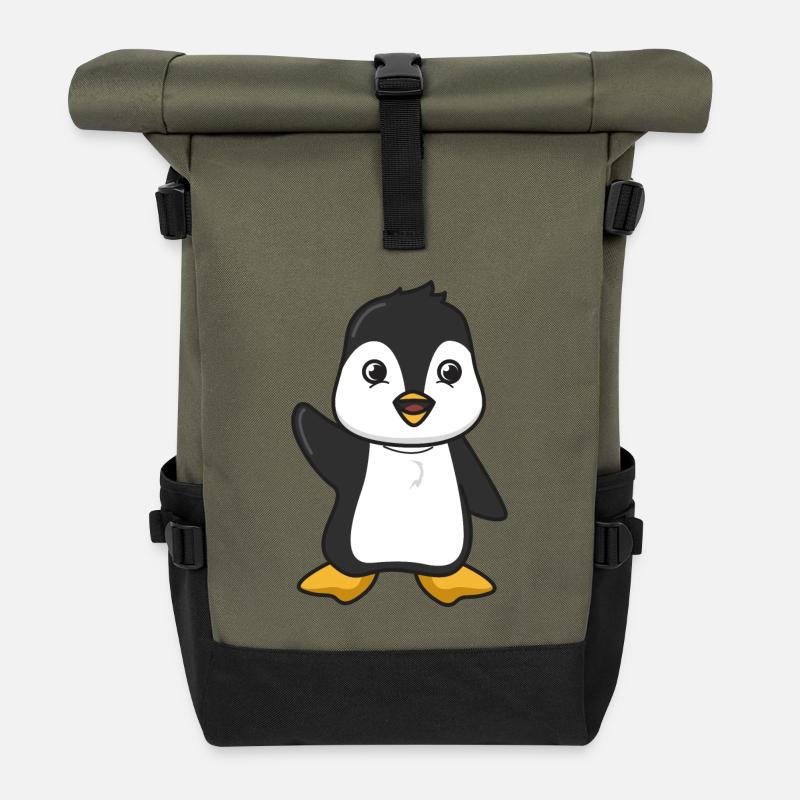 Pinguin Geschenk Tier niedlich Comic Tier Pinguine - Rolltop Rucksack - Olive/Schwarz