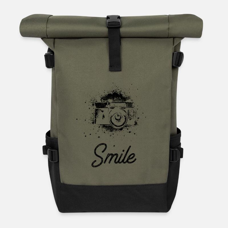 Smile Retro Kamera Bitte Lächeln - Rolltop Rucksack - Olive/Schwarz