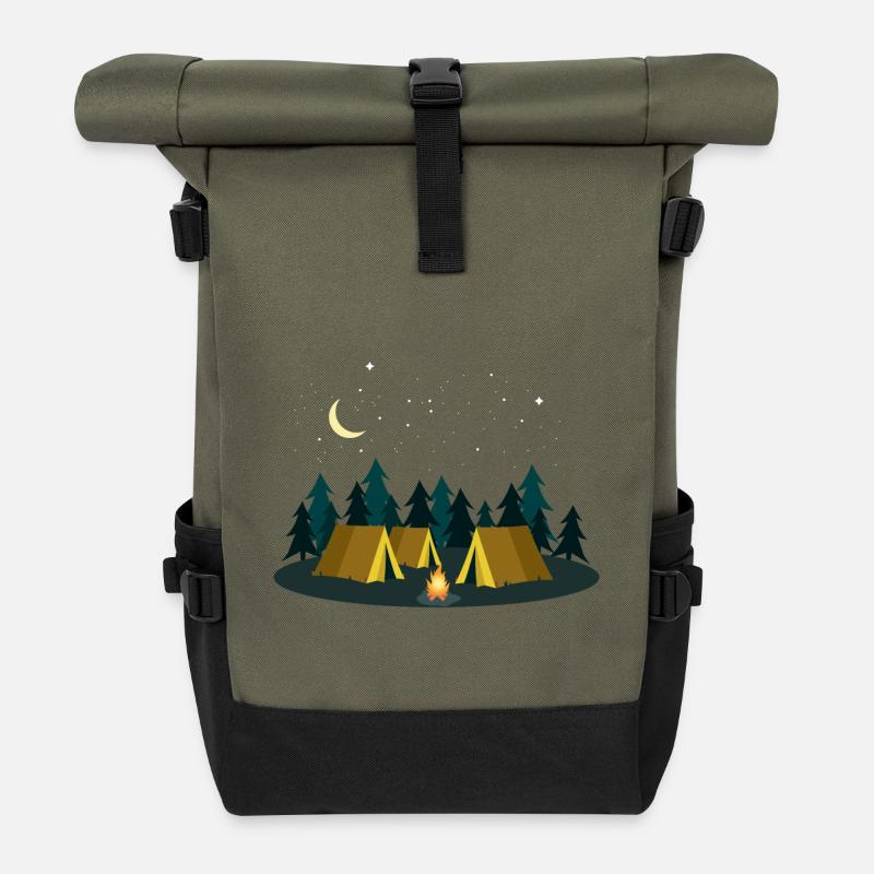 Camping Zelten Lagerfeuer Wald Wildnis Geschenk - Rolltop Rucksack - Olive/Schwarz