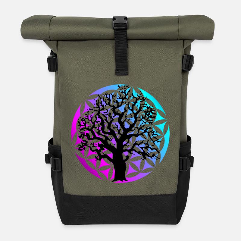 Fleur de vie et arbre - Sac à dos roll top - olive/noir