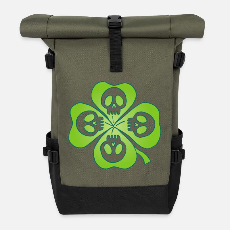 Têtes de mort et trèfle à quatre feuilles - Sac à dos roll top - olive/noir