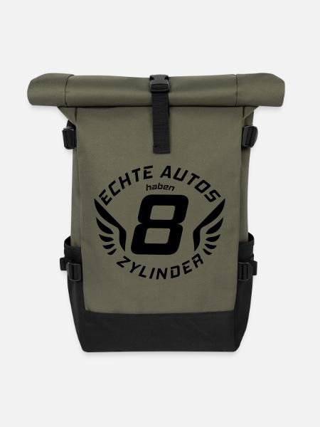 V8 Motor Engine US Car Muscle Car Hubraum Pick Up - Rolltop Rucksack - Olive/Schwarz