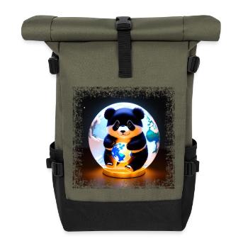 Panda auf Viereckiger Grunge Weltkugel - Rolltop Rucksack - Olive/Schwarz - Vorne