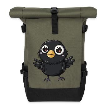 Adorable corbeau kawaii avec de grands yeux - Sac à dos roll top - olive/noir - Devant