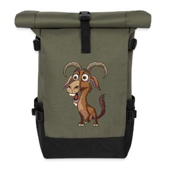 Funny goat with big eyes and smile - Roll Top Backpack - olive/black - Front