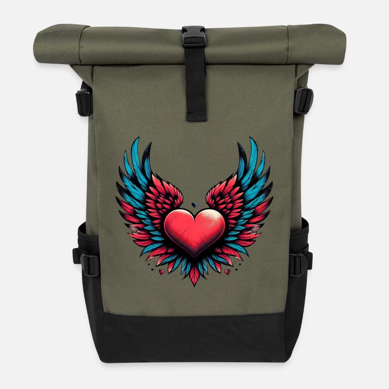 Herz mit Flügeln - Rolltop Rucksack - Olive/Schwarz