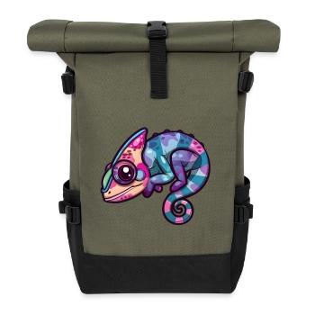 Buntes Chamäleon Große Augen Fantasie - Rolltop Rucksack - Olive/Schwarz - Vorne