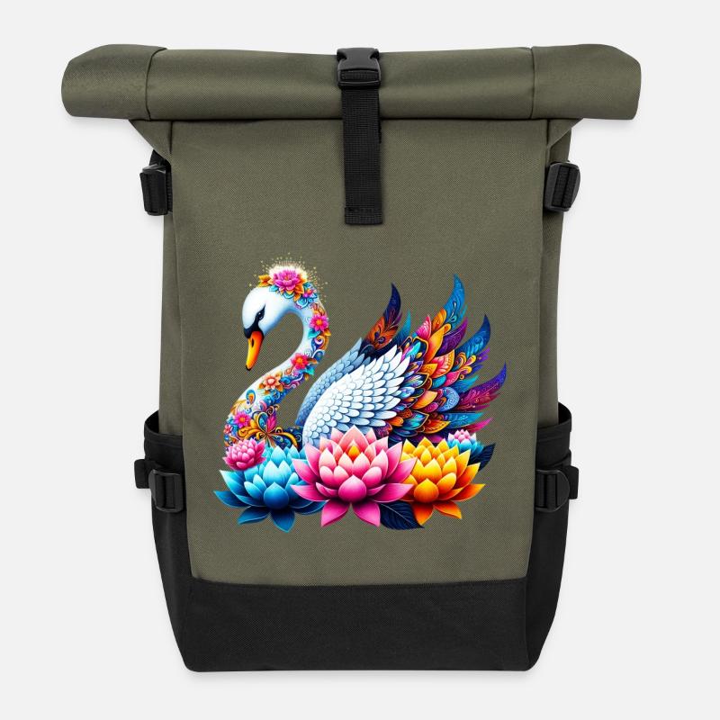 Schwan verziert mit Lotusblüten - Rolltop Rucksack - Olive/Schwarz