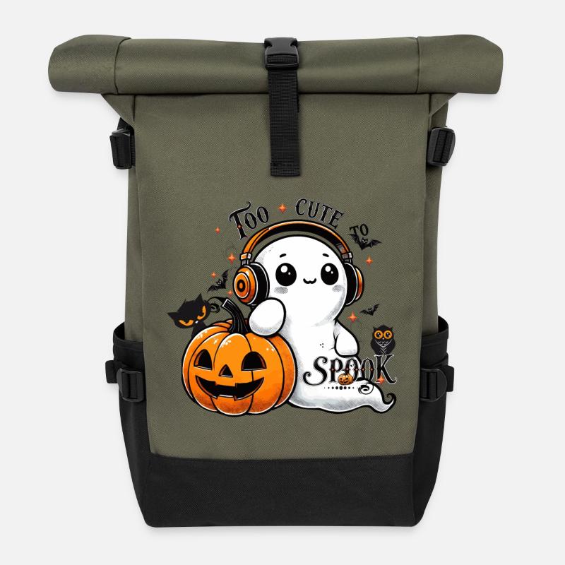 cooler Geist mit Kopfhörern und Halloween Kürbis - Rolltop Rucksack - Olive/Schwarz
