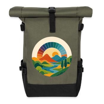 Retro Landschaft – Bunter Sonnenbogen im Kreis - Rolltop Rucksack - Olive/Schwarz - Vorne
