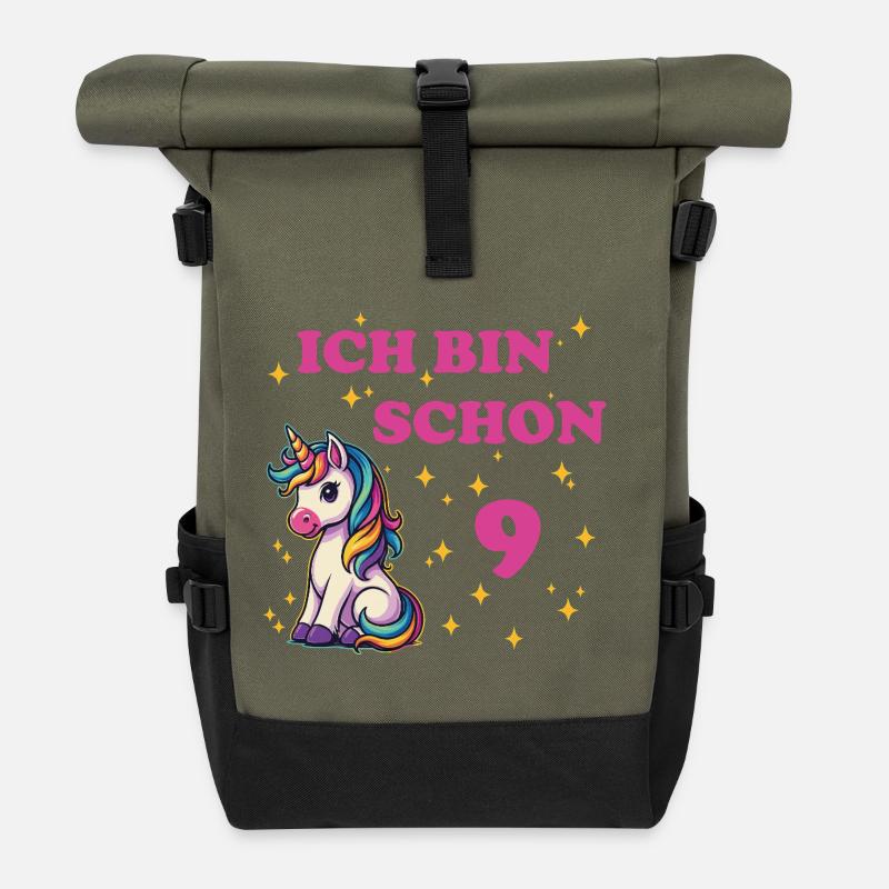 Kindergeburtstag 9, Tanzendes Lustiges Einhorn - Rolltop Rucksack - Olive/Schwarz