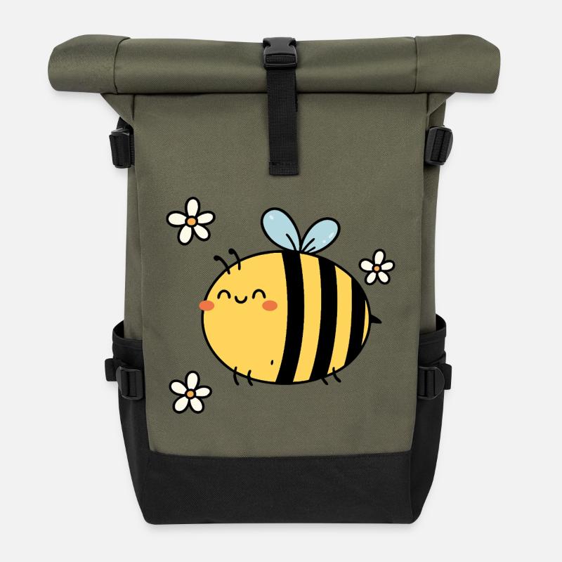 Summend vor Freude – Kawaii Bee & Blossoms - Rolltop Rucksack - Olive/Schwarz