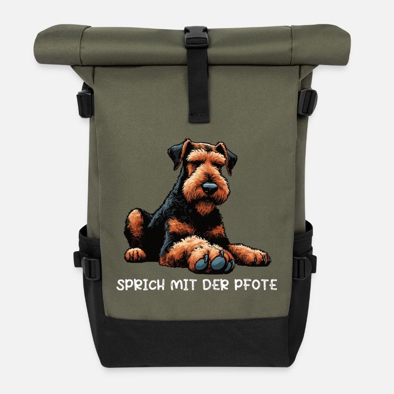 Sprich mit der Pfote Airedale Terrier Airedales  - Rolltop Rucksack - Olive/Schwarz