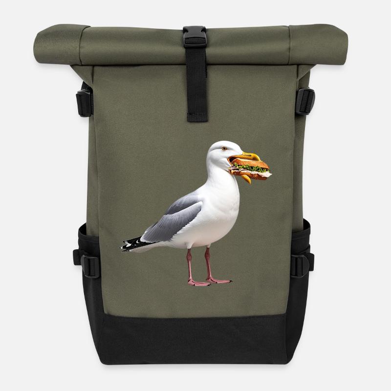 Silbermoewe-mit-Fischbroetchen - Rolltop Rucksack - Olive/Schwarz