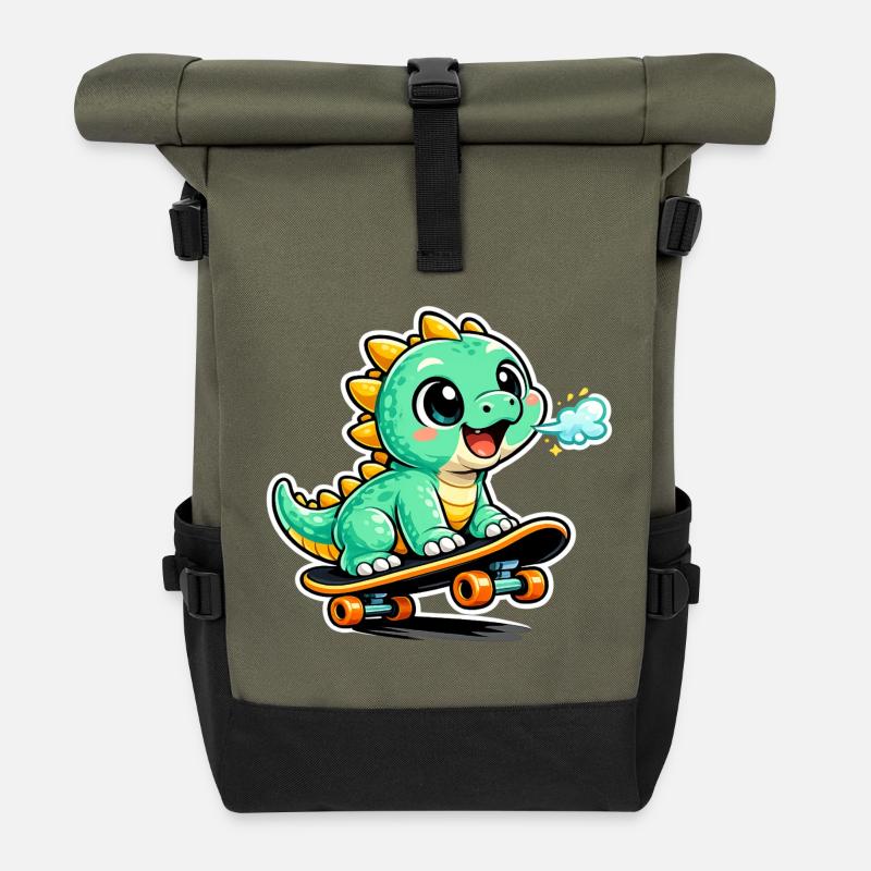 Grüner Dino Skateboardheld - Rolltop Rucksack - Olive/Schwarz