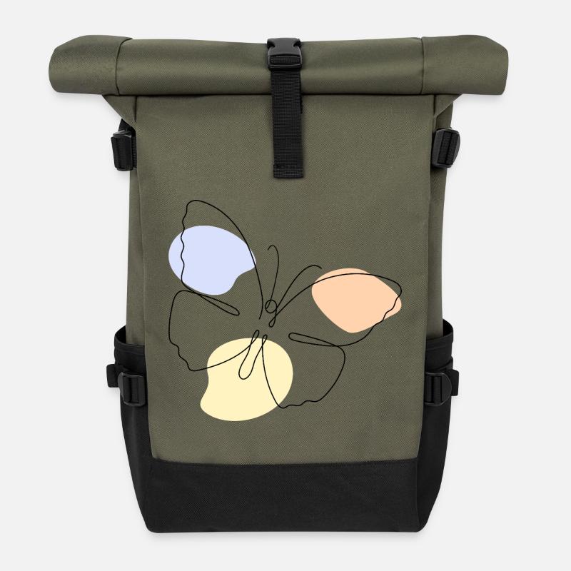 Minimal Butterfly Line Art Aesthetic Boho Shirt - Rolltop Rucksack - Olive/Schwarz