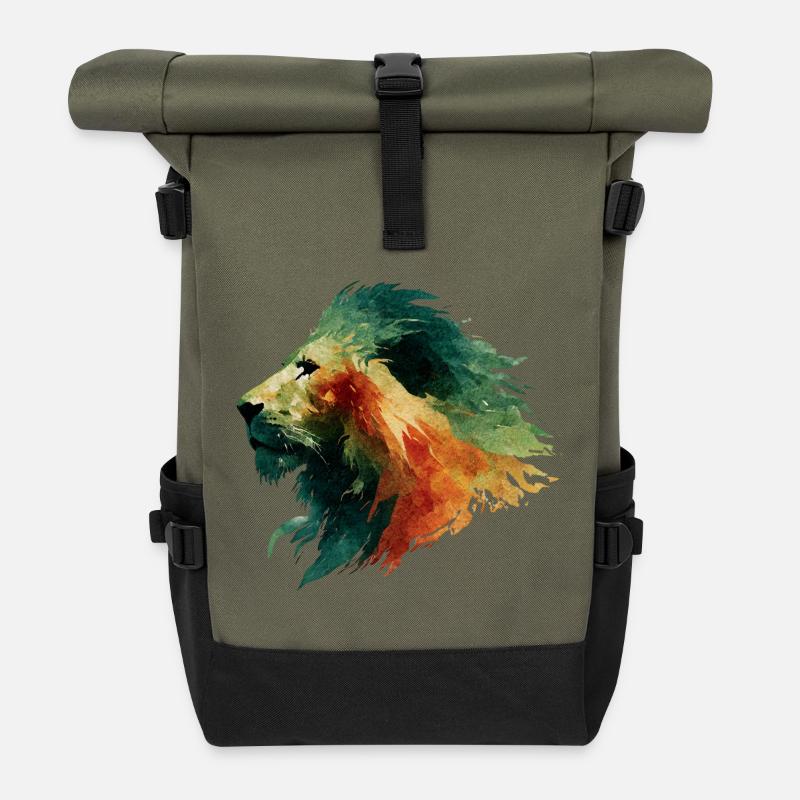 Lion's Head Watercolor - Roll Top Backpack - olive/black