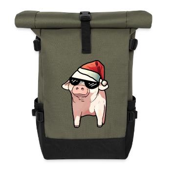 Christmas Meme Pig Piglet Glasses Santa Claus - Roll Top Backpack - olive/black - Front