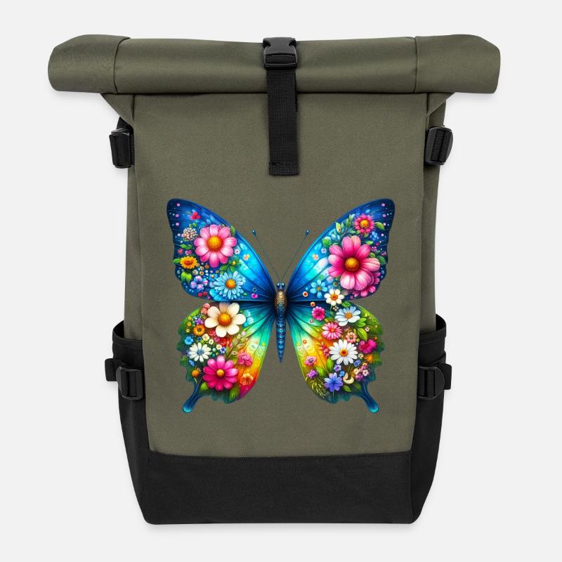 Fleurs de fleurs de papillon - Sac à dos roll top - olive/noir