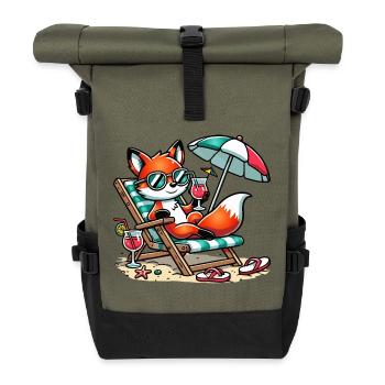 Renard de dessin animé joyeux sur la plage sur une chaise longue - Sac à dos roll top - olive/noir - Devant