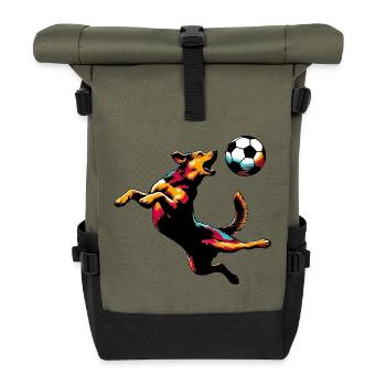 Dog plays with a soccer ball - Roll Top Backpack - olive/black - Front