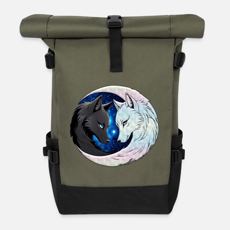 Zwei majestätische Wolfsköpfe - Rolltop Rucksack - Olive/Schwarz