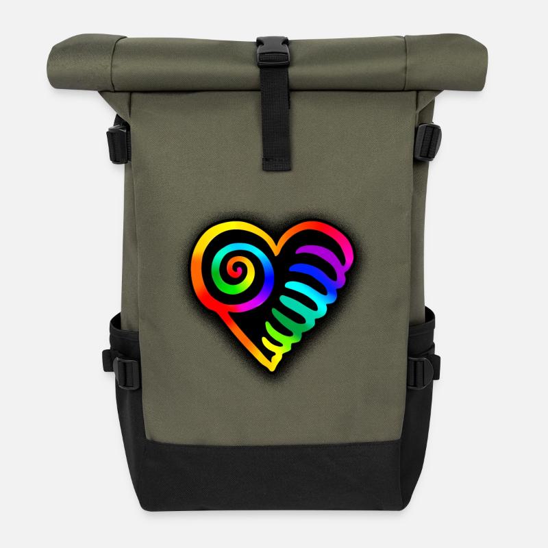 Herz Regenbogen - Rolltop Rucksack - Olive/Schwarz