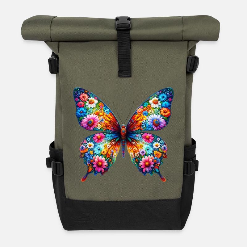 Schmetterling mit Blumen verziert - Rolltop Rucksack - Olive/Schwarz