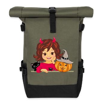 Cute smiling girl with cat and Halloween pumpkin - Roll Top Backpack - olive/black - Front